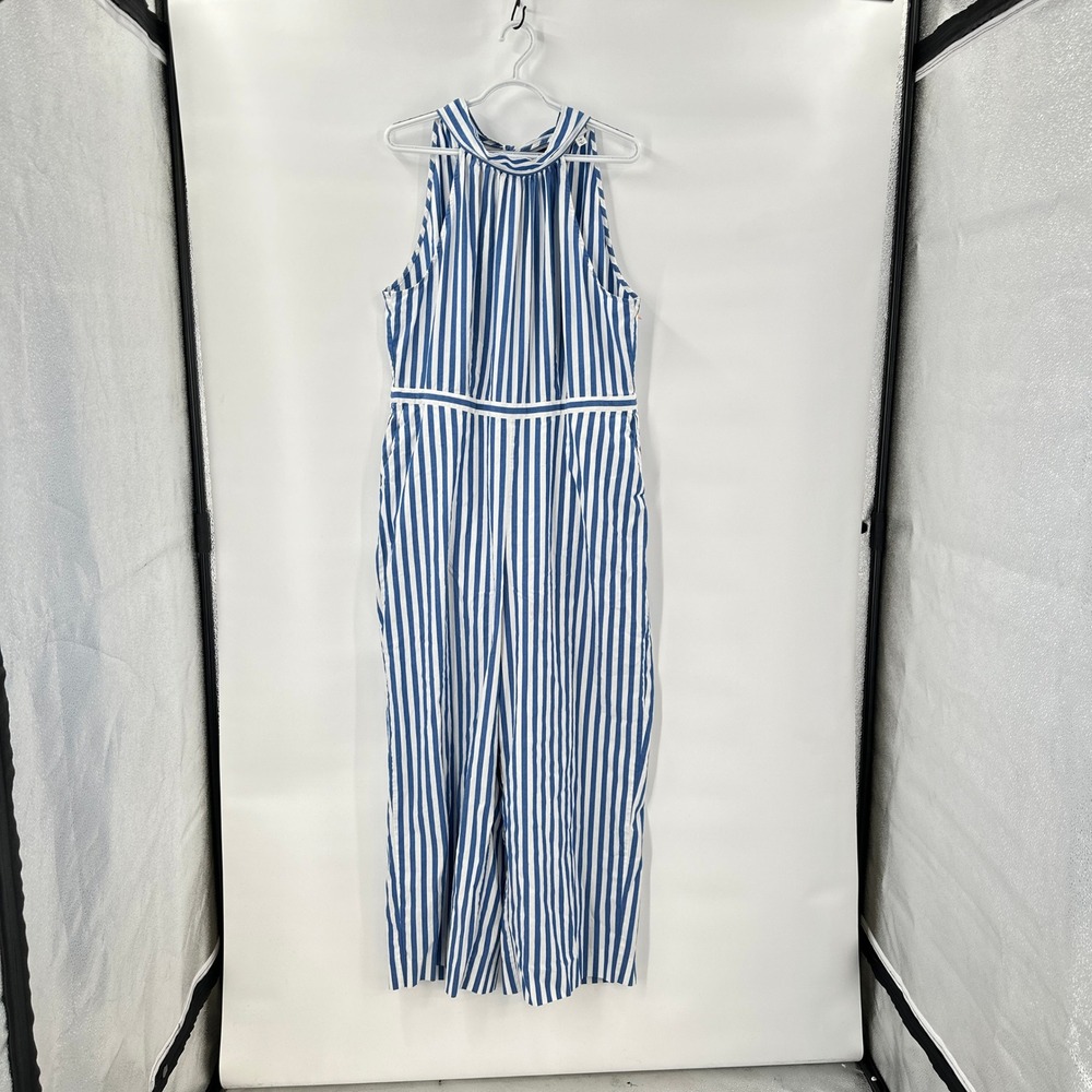 J. Crew Jumpsuit Womens 18 Wide Leg Blue White‎ Striped Halter Tie Back Coastal
